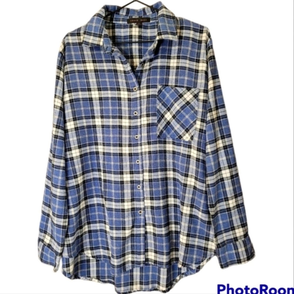 BLUE plaid soft flannel tunic length long sleeve button front shirt